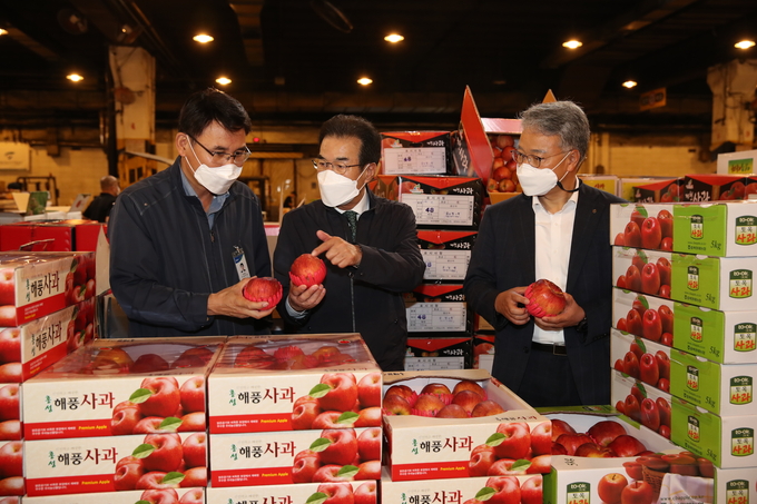 이성희 농협중앙회장(가운데)이 8일 가락동 농수산물도매시장 내 농협가락공판장을 방문해 추석 명절 성수품의 수급상황과 가격동향을 점검하고 있다.<br>
