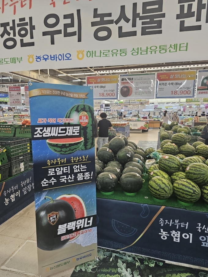 종자부터 최종 생산된 농산물까지 순수 국내 기술로 개발된 블랙위너 흑피수박과 조생씨드제로, 부라보꿀 수박 등 제철과일들이 전시된 모습. 