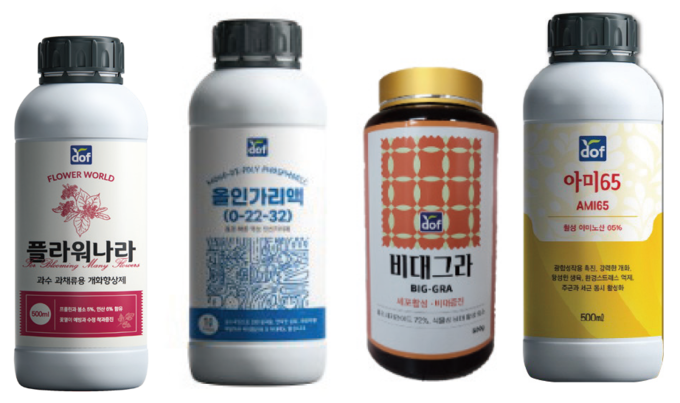 왼쪽부터 개화율을 향상시키는 ‘플라워나라’, 인산가리액제 ‘올인가리액’, 비대증진제 ‘비대그라’, 고농도 아미노산제 ‘아미65’.