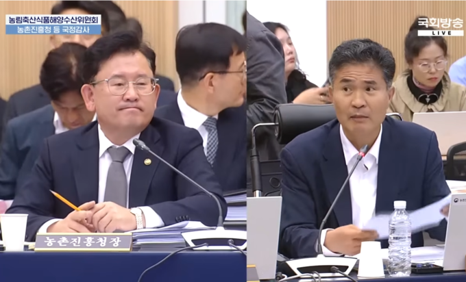 국회 농림축산식품해양수산위원회 소속 이원택 의원(더불어민주당, 전북 군산·김제·부안을)이 이승돈 농촌진흥청장을 상대로 “농진청의 일부 부서가 수원에 남아 있을 이유가 있느냐”며 수도권 잔류 부서의 조속한 이전을 촉구하고 있다. <국회방송 화면 캡처>