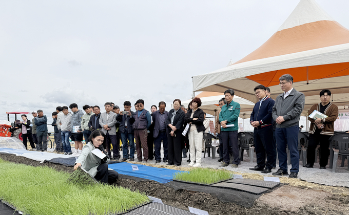 농진청 파속채소연구센터 정효진 농업연구사가 기계정식을 할 수 있는 양파 노지육묘 과정을 설명하고 있다. 이날 설명회에는 서효원 농진청 차장(앞줄 맨오른쪽)과 김명수 국립원예특작과학원장(앞줄 오른쪽 2번째) 등 80여명이 참석했다.